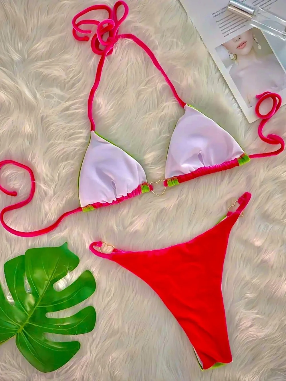 Hot Pink Lime Green Velvet Micro Bikini Set | Size M